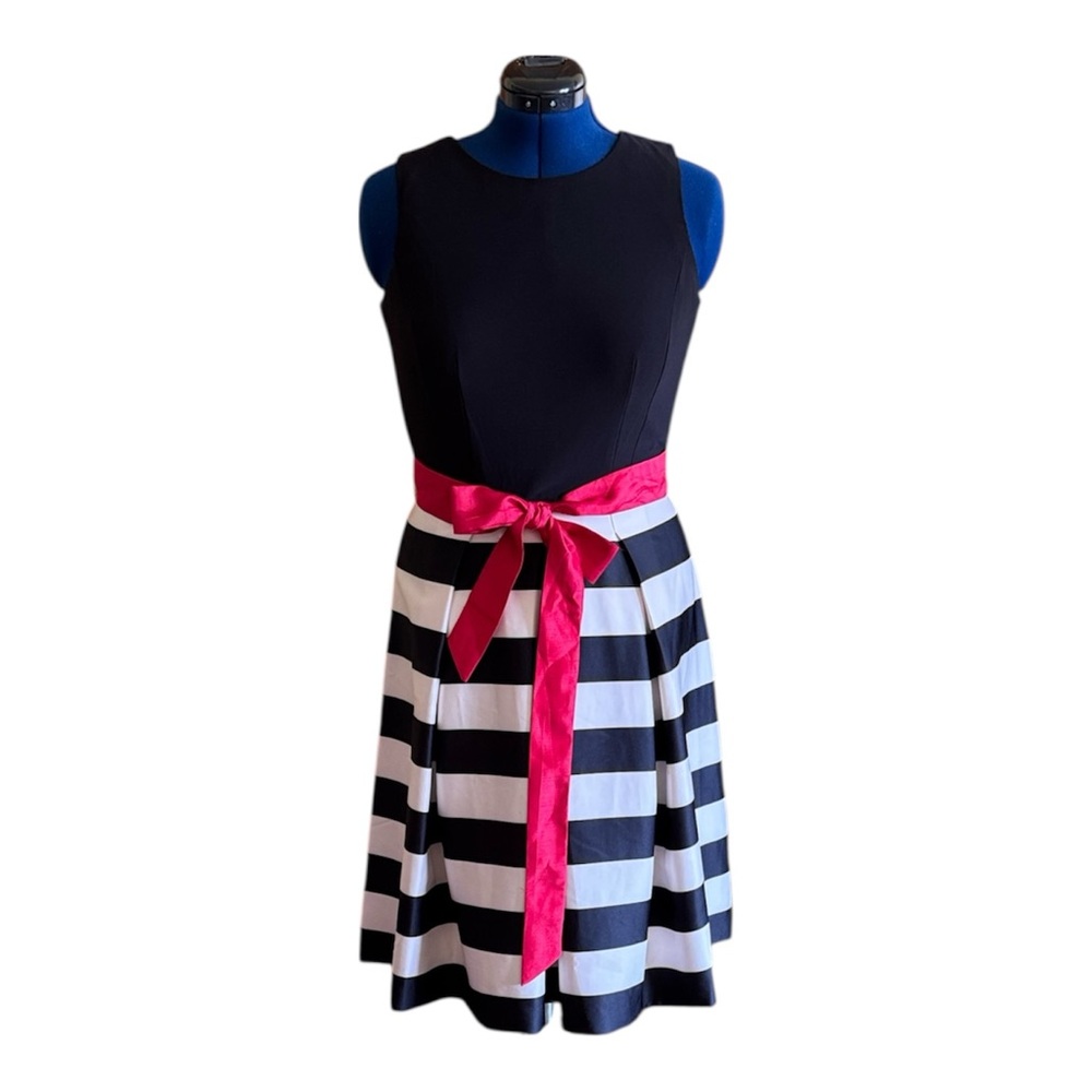 R & K Black and White Striped dancing Cocktail Dress with Red Sash (mlb)